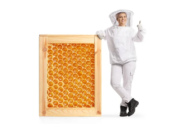 Young Female Bee Keeper Uniform Leaning Big Honeycomb Frame Gesturing — Foto Stock