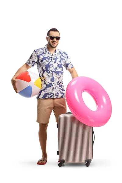 Man Traveling Holiday Posing Suitcase Beach Ball Swimming Ring Isolated — Foto de Stock