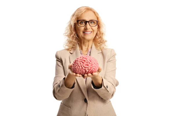 Woman Holding Human Brain Her Hands Smiling Isolated White Background — Stockfoto