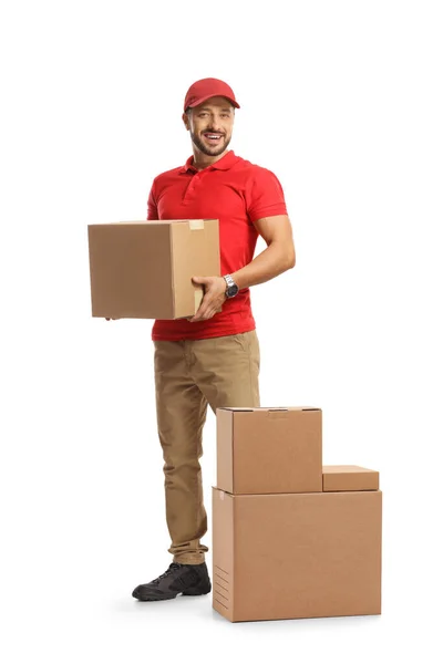 Male Courier Holding Cardboard Box Isolated White Background — Stockfoto