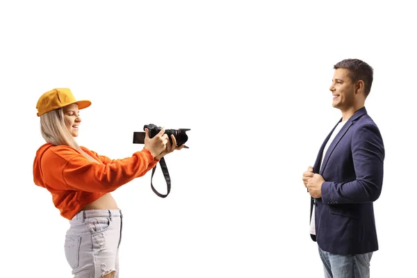 Young Female Photographer Taking Photo Man Isolated White Background — Foto de Stock