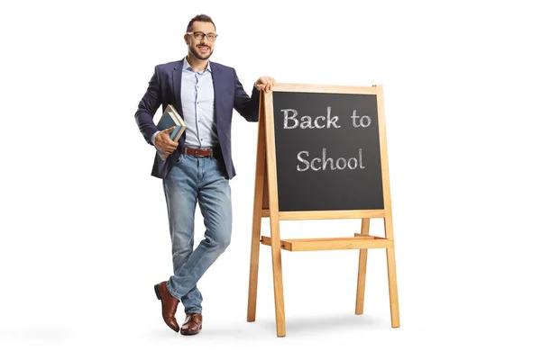 Full Length Portrait Male Teacher Standing Next Blackboard Text Back — Photo