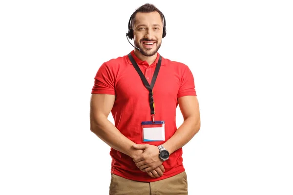 Male Dispatcher Wearing Headset Hands Free Microphone Name Tag Isolated — Photo