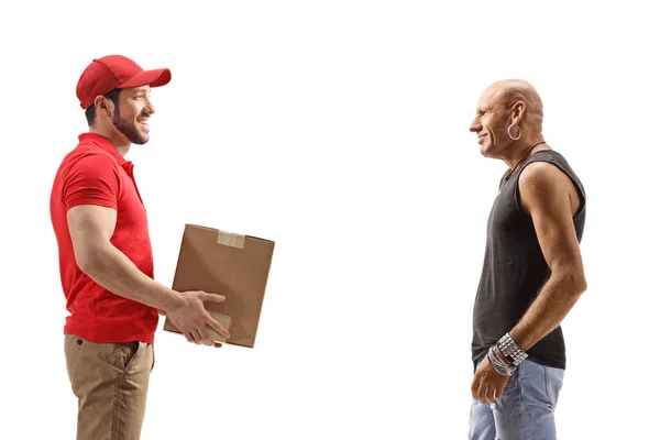 Courier Handing Box Bald Man Isolated White Background — Stockfoto