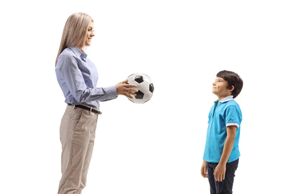 Mother Giving Soccer Ball Son Isolated White Background — Stockfoto