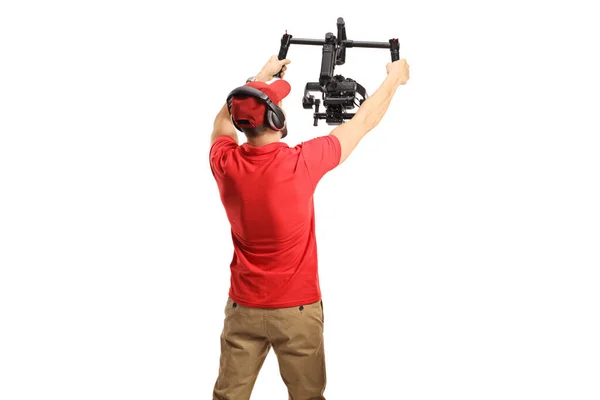 Rear View Shot Camera Operator Using Camera Gimbal Stabilizer Isolated — Stockfoto