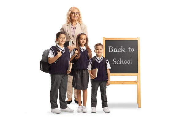 Teacher Schoolchildren Standing Next Blackboard Text Back School Isolated White — Photo