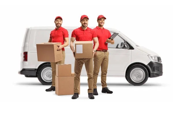 Male Couriers Cardboard Boxes Standing Front White Van Isolated White — Stockfoto