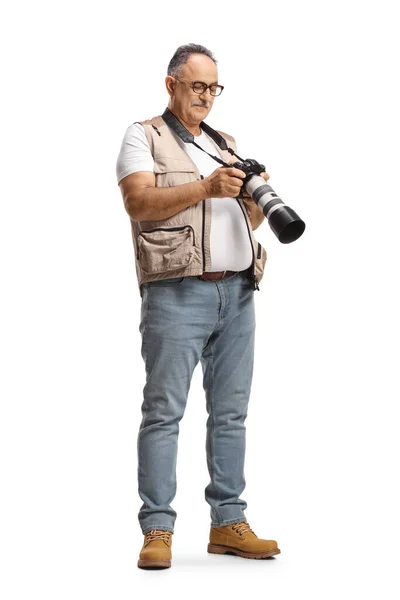Full Length Shot Mature Male Photographer Looking Camera Display Isolated — Fotografia de Stock