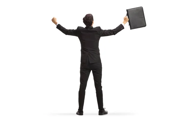 Full Length Rear View Shot Happy Businessman Briefcase Raising Hands — Stockfoto