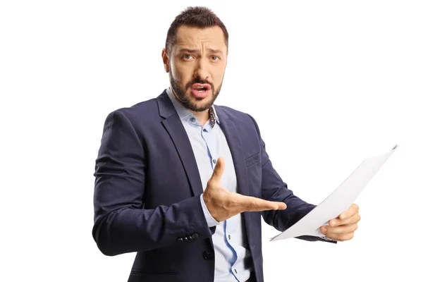 Angry Man Holding Paper Document Looking Camera Isolated White Background — Stock Photo, Image