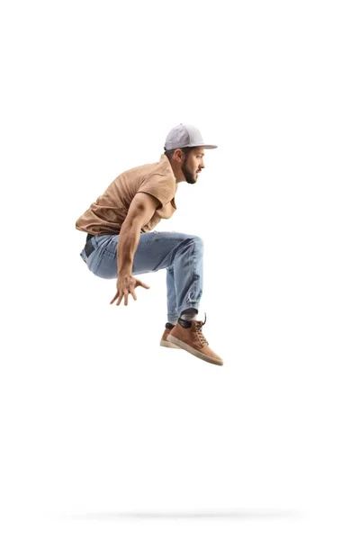 Man Performing Dance Jump Isolated White Background — Stockfoto