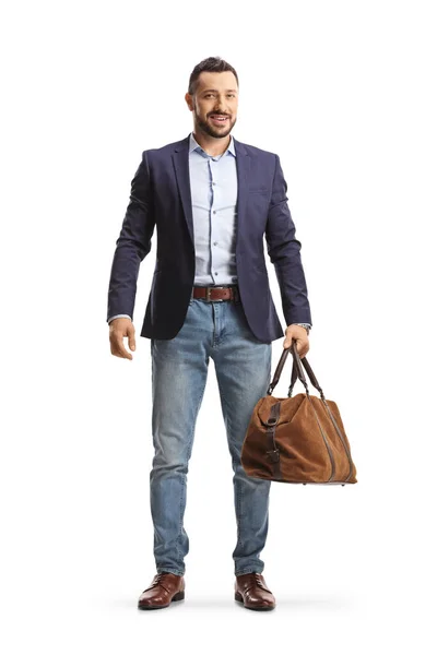 Full Length Portrait Professional Man Carrying Bag Isolated White Background — Stockfoto