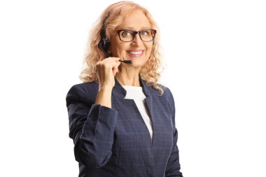 Female dispatcher with a headset and microphone isolated on white background