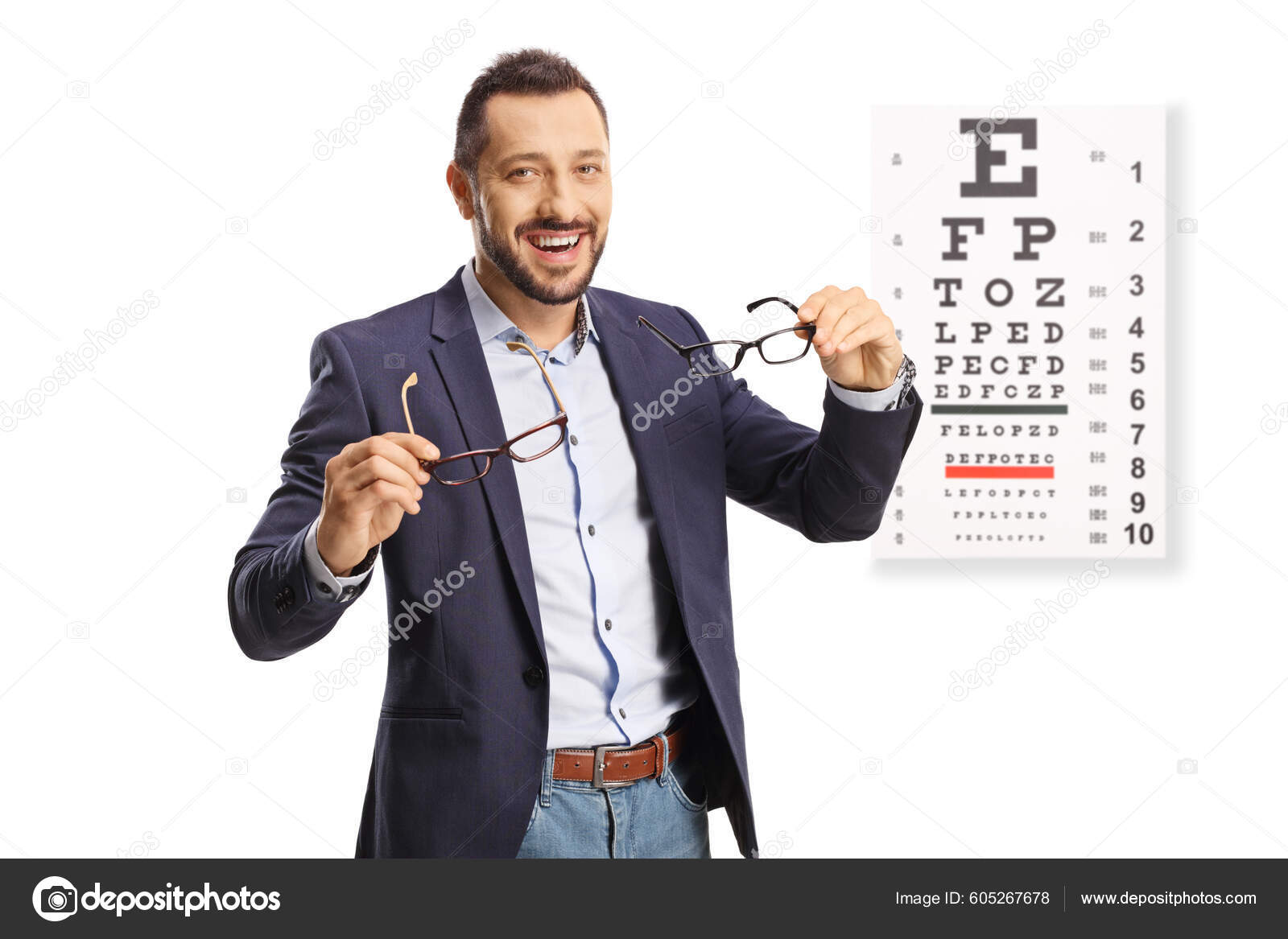 Young Man Holding Two Pairs Glasses Front Eye Exam Board — Stock