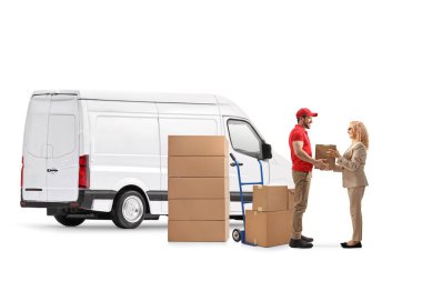Delivery man with a van delivering boxes to a woman isolated on white background 