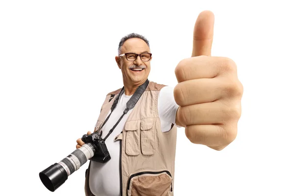 Cheerful Mature Male Photographer Showing Thumbs Isolated White Background — Photo