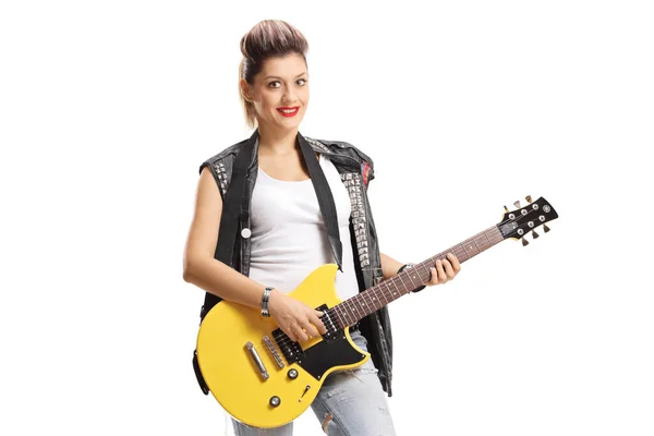 Ung Kvinna Med Elektrisk Gitarr Isolerad Vit Bakgrund — Stockfoto