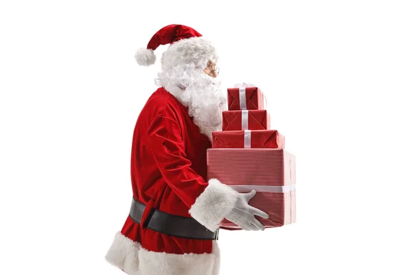 Άγιος Βασίλης Κρατώντας Ένα Σωρό Δώρα Που Απομονώνονται Λευκό Φόντο — Φωτογραφία Αρχείου