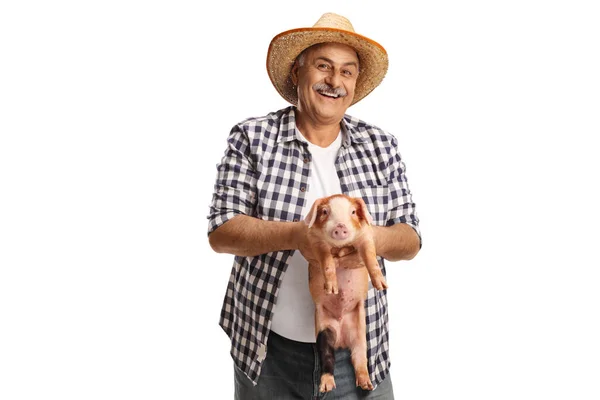 成熟的农民牵着一只小猪 对着被白色背景隔离的相机微笑 — 图库照片