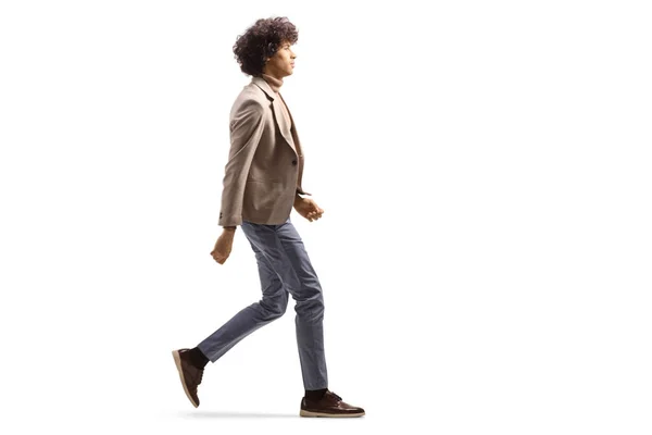 Full Length Profile Shot Tall Man Curly Hair Walking Isolated — Zdjęcie stockowe