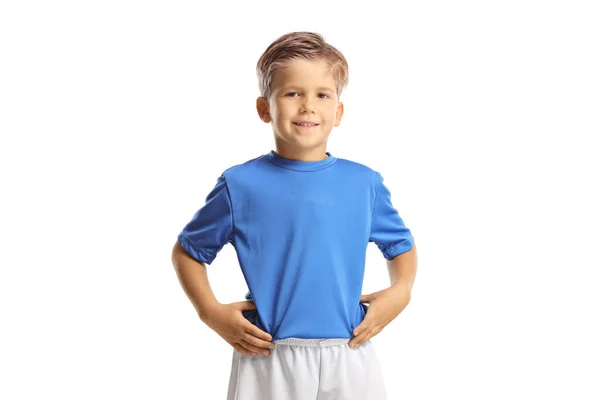Menino Uma Camisa Esportes Posando Sorrindo Isolado Fundo Branco — Fotografia de Stock