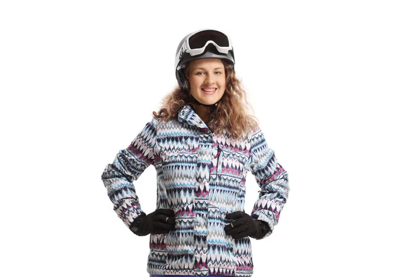 Young Smiling Female Ski Helmet Isolated White Background — Stock Photo, Image