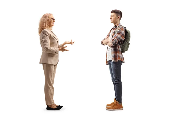 Full Length Profile Shot Woman Standing Talking Male Student Isolated — Stock Photo, Image