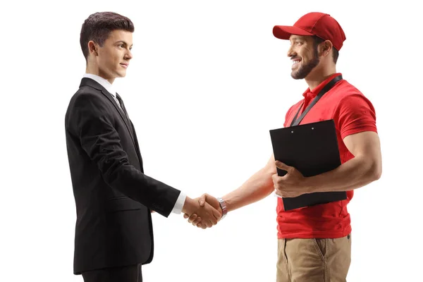 Handshake Delivery Man Man Suit Tie Isolated White Background — Stock Photo, Image