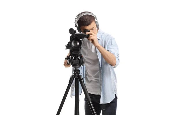 Kameraman Beyaz Arka Planda Izole Edilmiş Bir Tripod Standında Kamerayla — Stok fotoğraf