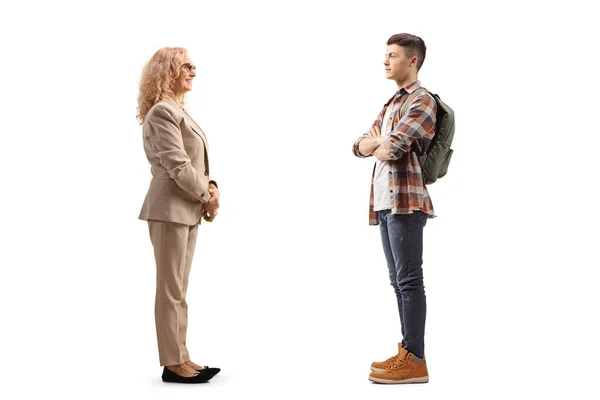 Full Length Profile Shot Woman Standing Looking Male Student Isolated — Stock Photo, Image