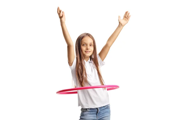 Girl Spinning Hula Hoop Isolated White Background — Stock Photo, Image