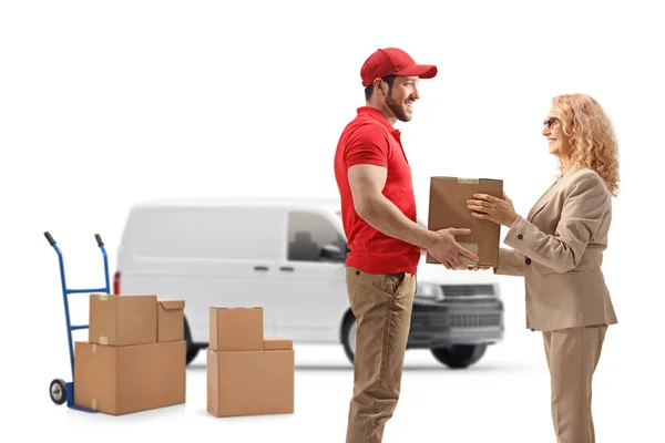 Delivery Guy Van Handing Cardboard Box Woman Isolated White Background — Stock Photo, Image