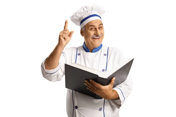 Mature Male Chef Holding Cook Book Isolated White Background — Stock Photo, Image