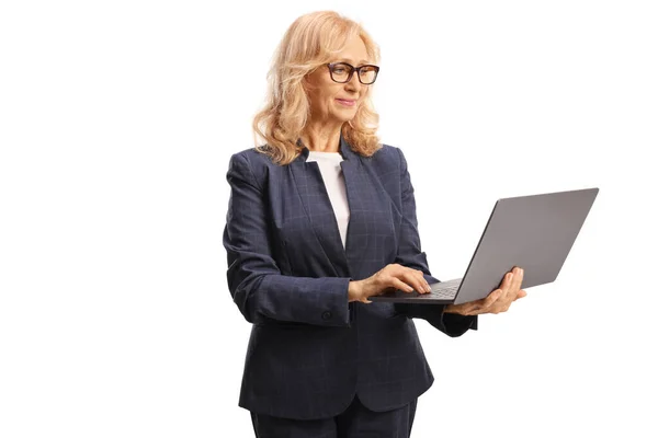 Businesswoman Standing Working Laptop Computer Isolated White Background — Stock Photo, Image