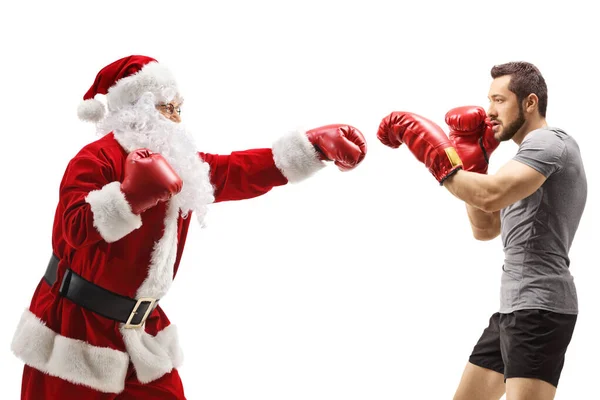 Boxer Święty Mikołaj Walczą Rękawicami Bokserskimi Izolowanymi Białym Tle — Zdjęcie stockowe