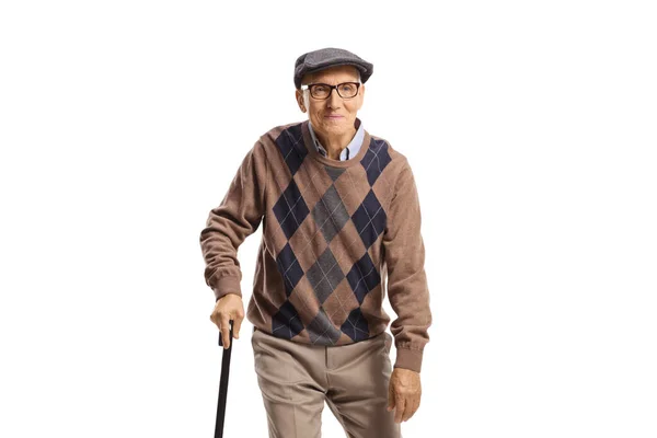 Senior Man Lopen Met Een Stok Geïsoleerd Witte Achtergrond — Stockfoto