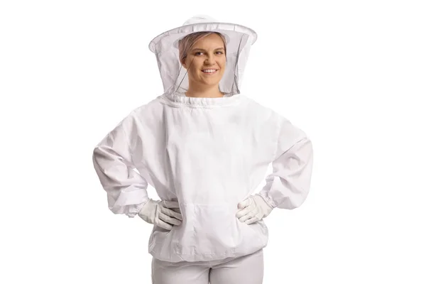 Young Female Bee Keeper Uniform Smiling Looking Camera Isolated Blue — Stock Photo, Image