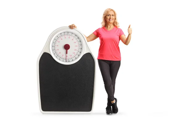 Full Length Portrait Mature Woman Sportswear Posing Big Measuring Scale — Stock Photo, Image