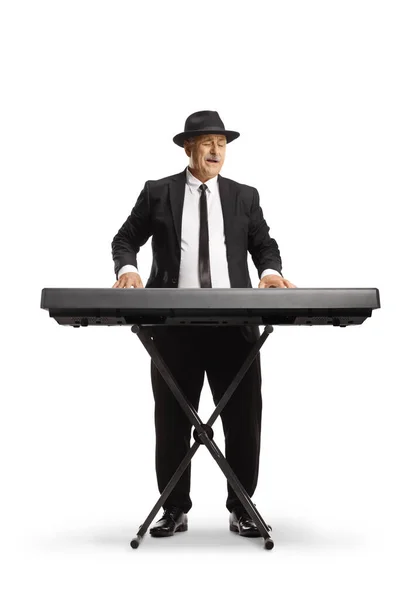 Mature Man Suit Tie Playing Digital Piano Singing Isolated White — Stock Photo, Image