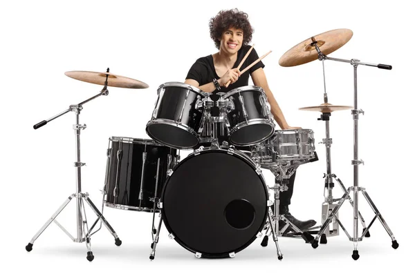 Smiling Young Male Drummer Holding Drumsticks Sitting Drum Set Isolated — Stock Photo, Image