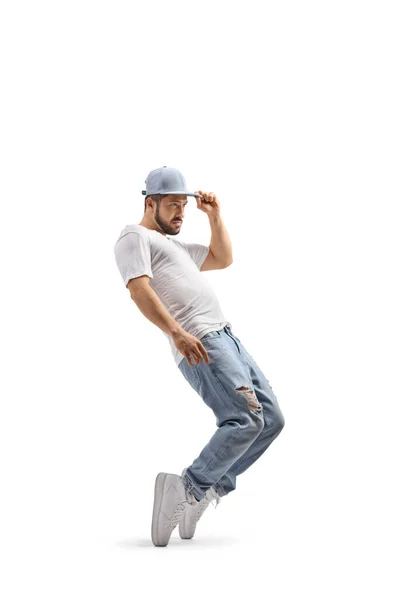 Хлопець Танцює Тримає Свою Шапку Ізольовано Білому Тлі — стокове фото