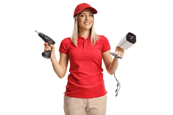 Female Technician Holding Surveillance Camera Drill Machine Isolated White Background — Stock Photo, Image