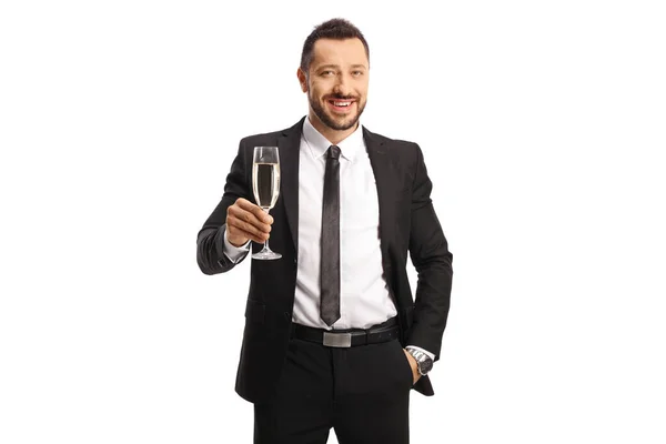 Geschäftsmann Mit Einem Glas Champagner Lächelt Auf Weißem Hintergrund Die — Stockfoto