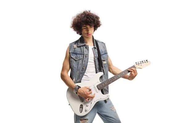 Young Male Rock Musician Playing Electric Guitar Isolated White Background — Stock Photo, Image