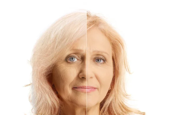 Rostro Una Mujer Con Comparación Una Edad Mayor Más Joven —  Fotos de Stock