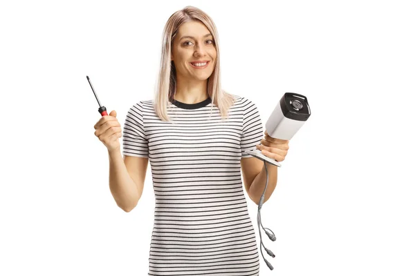 Young Casual Woman Holding Drill Cctv Camera Isolated White Background — Stock Photo, Image