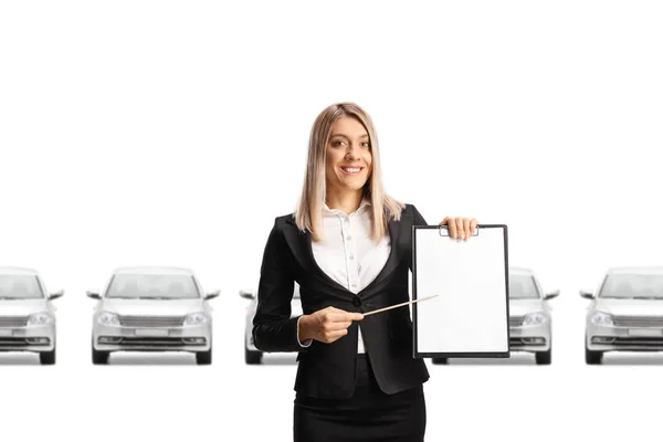 Car Saleswoman Presenting Paper Clipboard Isolated White Background — Stock Photo, Image