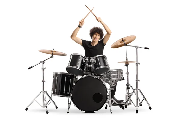 Junger Männlicher Schlagzeuger Hält Schlagstöcke Isoliert Auf Weißem Hintergrund Hoch — Stockfoto