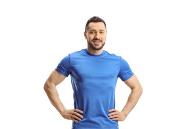 Mavi bluzlu atlet beyaz arka planda izole edildi